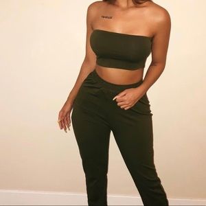 Two piece green tube top and jogger set